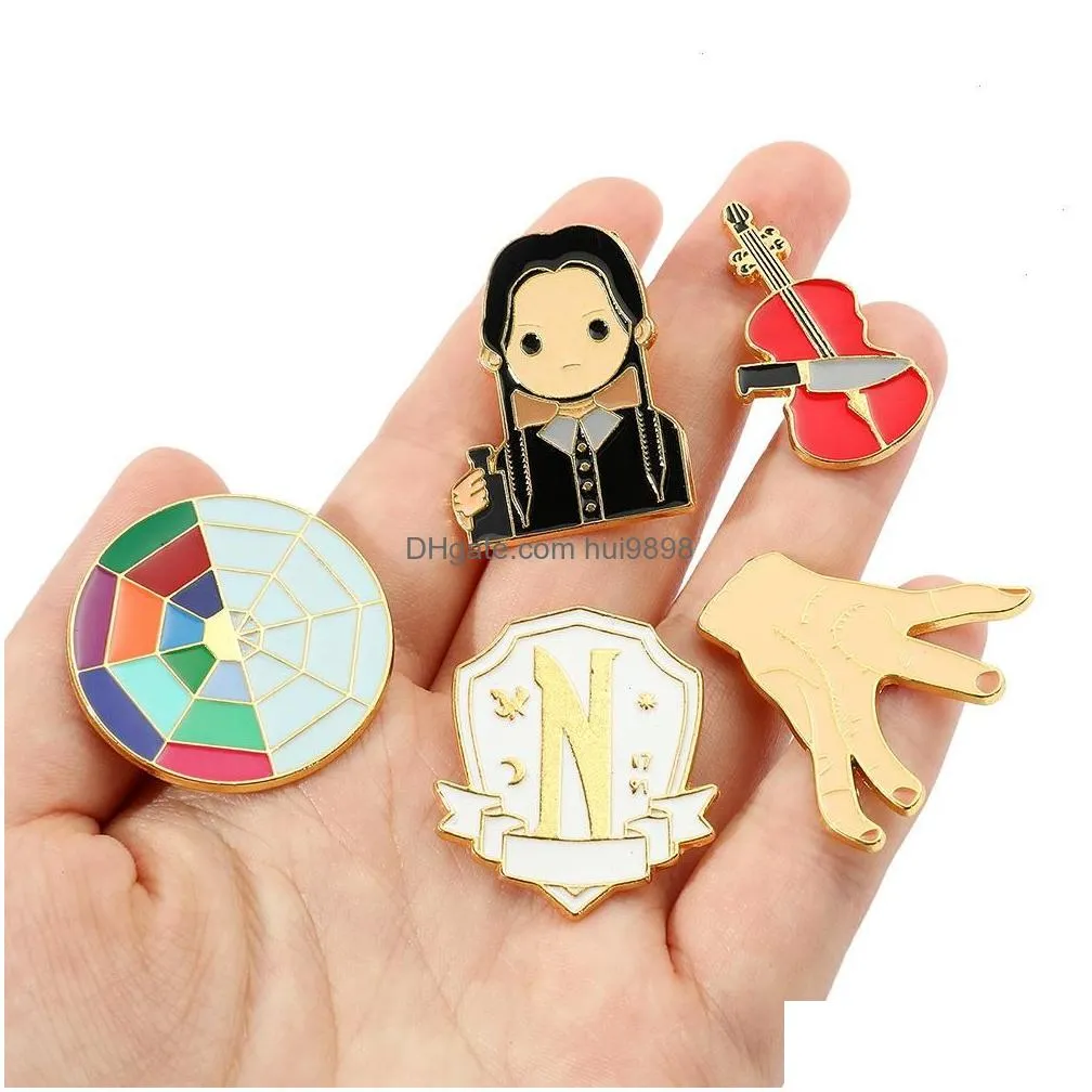 wednesday character violin adams family brooch cute anime movies games hard enamel pins collect metal cartoon brooch backpack hat bag collar lapel