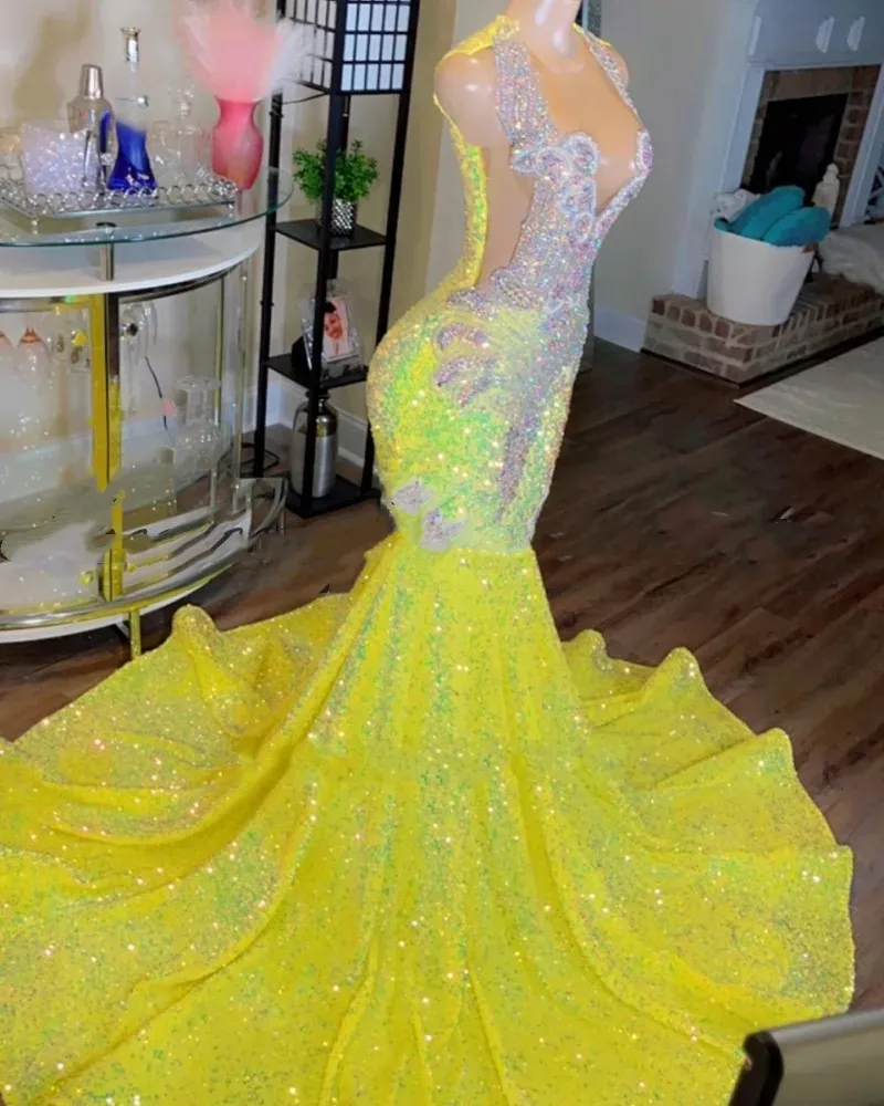Luxury Yellow Prom Dresses For Black Girls 2024 Crystal Mermaid Evening Dress Rhinestone Sequin Party Gowns Vestidos De Gala