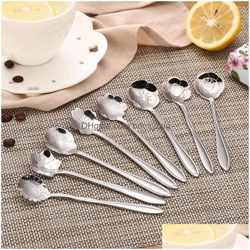 Spoons 8 Pcs/Set Vintage Stainless Steel Spoon Flower Shaped Coffee Tea Stiring Ice Cream Cake Dessert Tableware Drop Delivery Home Ga Dhwjb