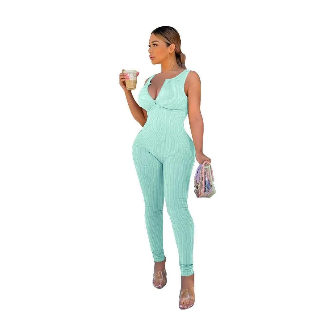 women 2023 fashion v-neck summer jumpsuits solid color backless one-piece sleeveless trousers rompers bodysuit