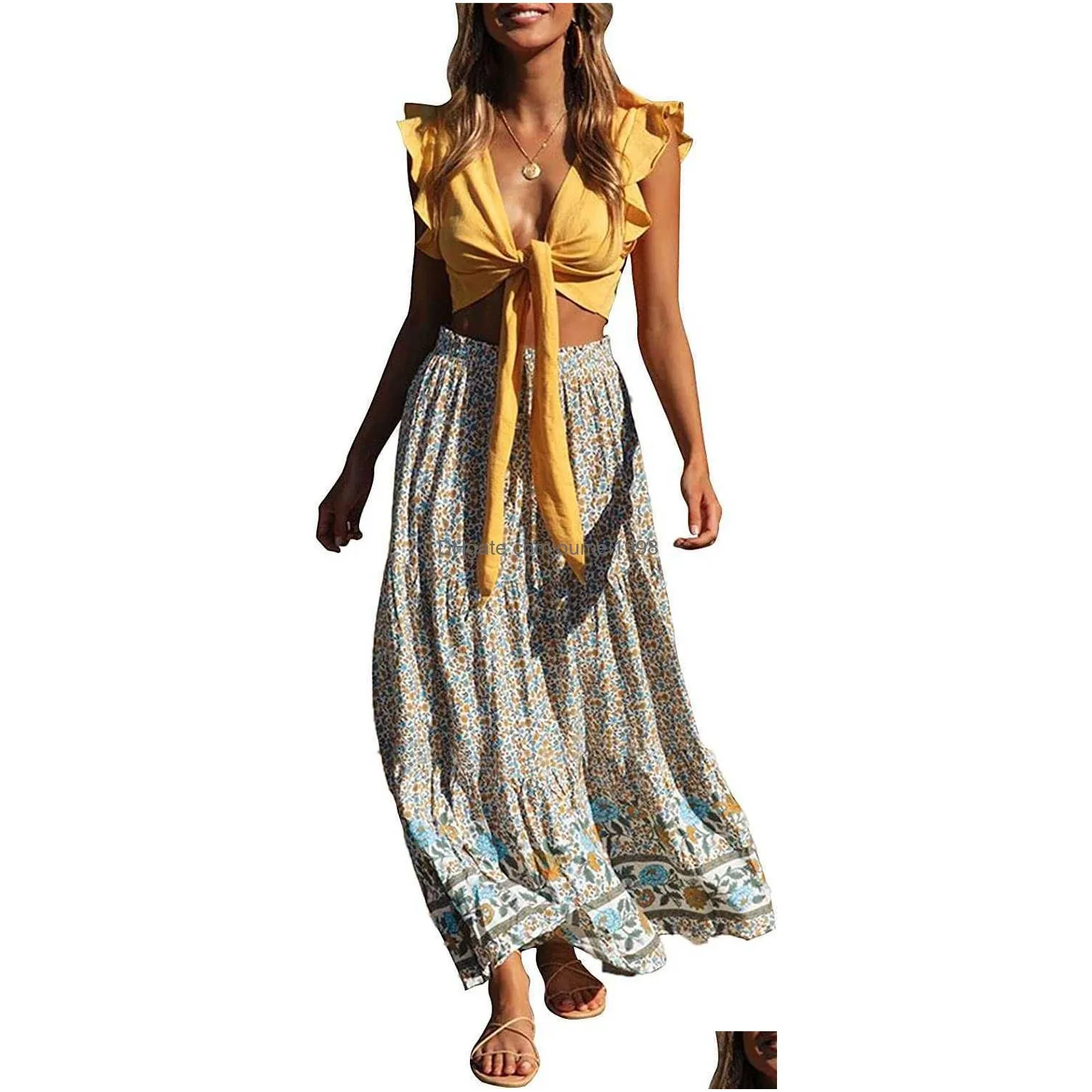 Skirts Zesica Womens 2023 Bohemian Floral Printed Elastic Waist A Line Maxi Skirt With Pockets Drop Delivery Apparel Women`S Clothing Dhl9Y