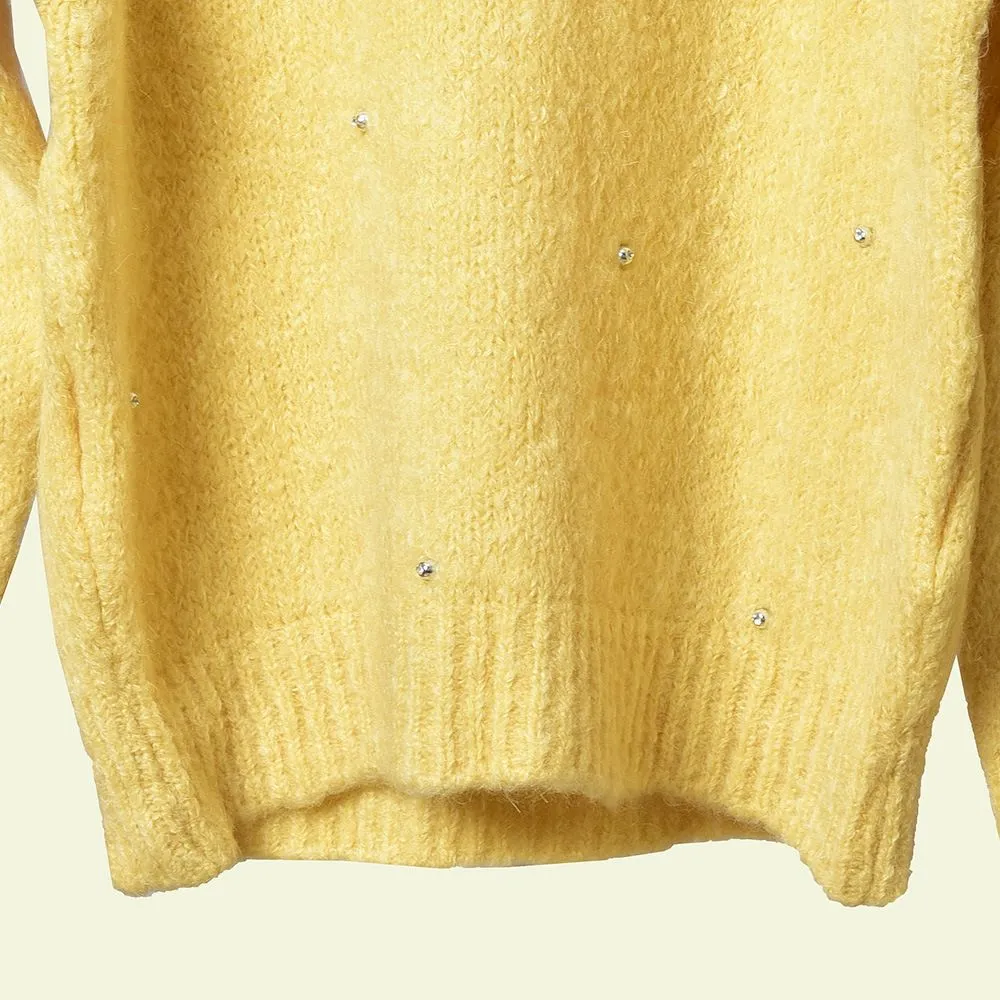 2019 Fall Winter Long Sleeve Round Neck Pure Color Yellow Mohair Knitted Beaded Pullover Sweater Women Fashion Sweaters D2616115