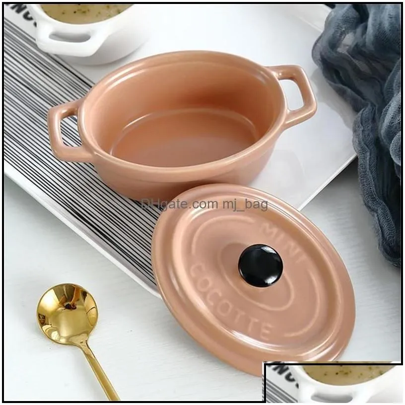 Bowls Nordic Ceramic Matte Binaural Salad Dessert Bowl With Lid Porcelain Birds Nest Oven Waterproof Stewing Pot Tableware Drop Mjbag