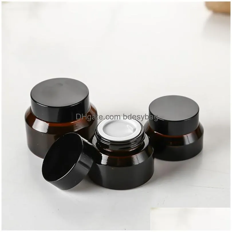 Cosmetic Jar Wholesale 15G 30G 50G Amber Glass Jars Empty Container Bottle With White Inner Liners And Black Gold Lids Drop Delivery O Dhrue
