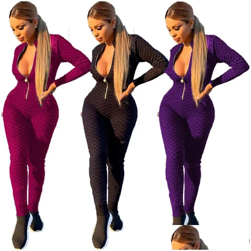 Women long sleeve Jumpsuits fall winter clothes plus size 2XL zipper front Rompers Casual print Overalls sexy skinny bodysuits Sports leggings