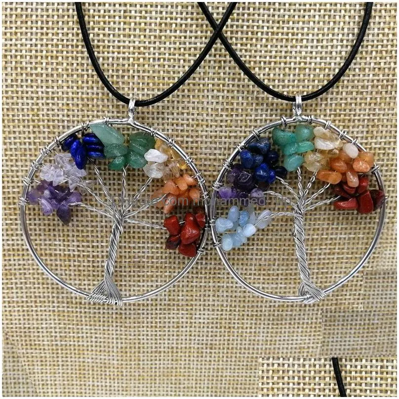 jln gravel stone seven chakra life tree pendant chip stone tree of life wisdom tree pendants with leather chain necklace for woman