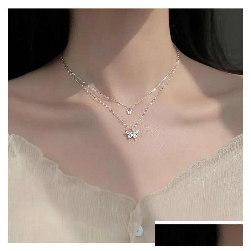 Silver Shiny Butterfly Tassel Necklace Female Exquisite Double Layer Pendant Clavicle Chain Wedding Party Jewelry