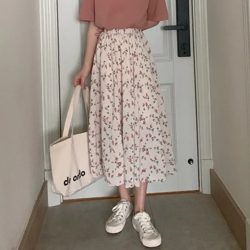 Skirts Vintage Floral Print Aline Pleated Long Summer Women Korean Streetwear Drawstring Elastic Waist Midi 230424