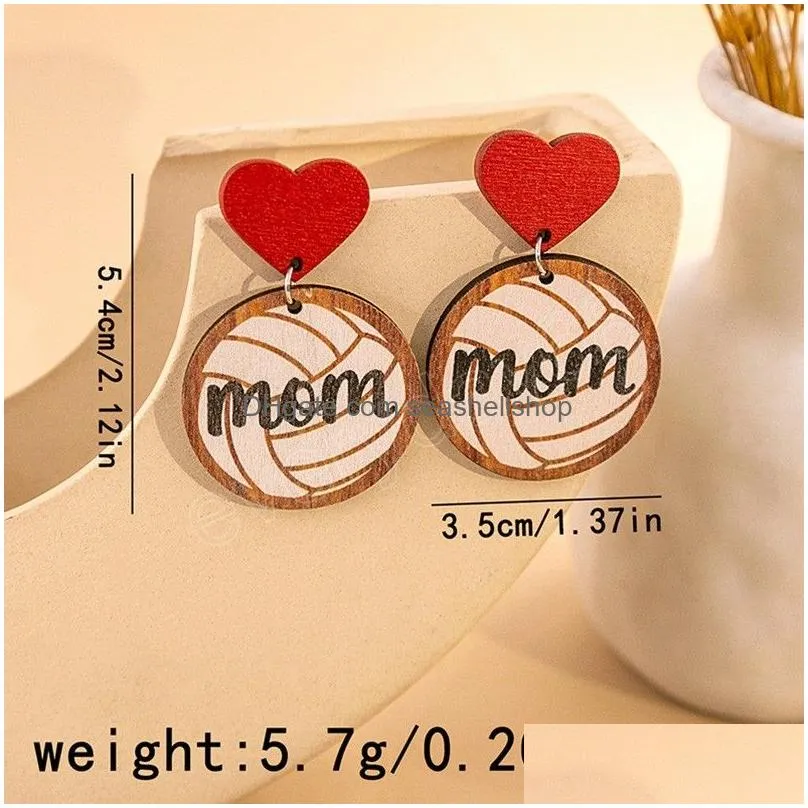 Round Heart Softball Baseball Basketball Wooden Dangle Sporty Earrings for Mother Day Gift Wholesale Mom Wood Jewlelry
