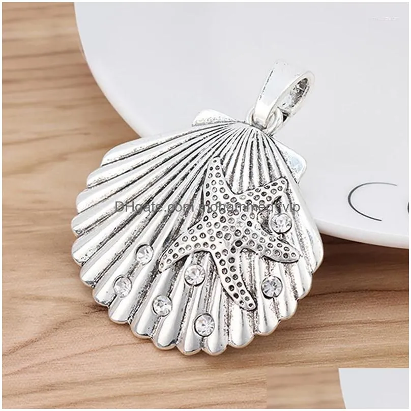 pendant necklaces 2pcs tibetan silver large scallop seashell starfish rhinestone crystal charms pendants for necklace jewellery