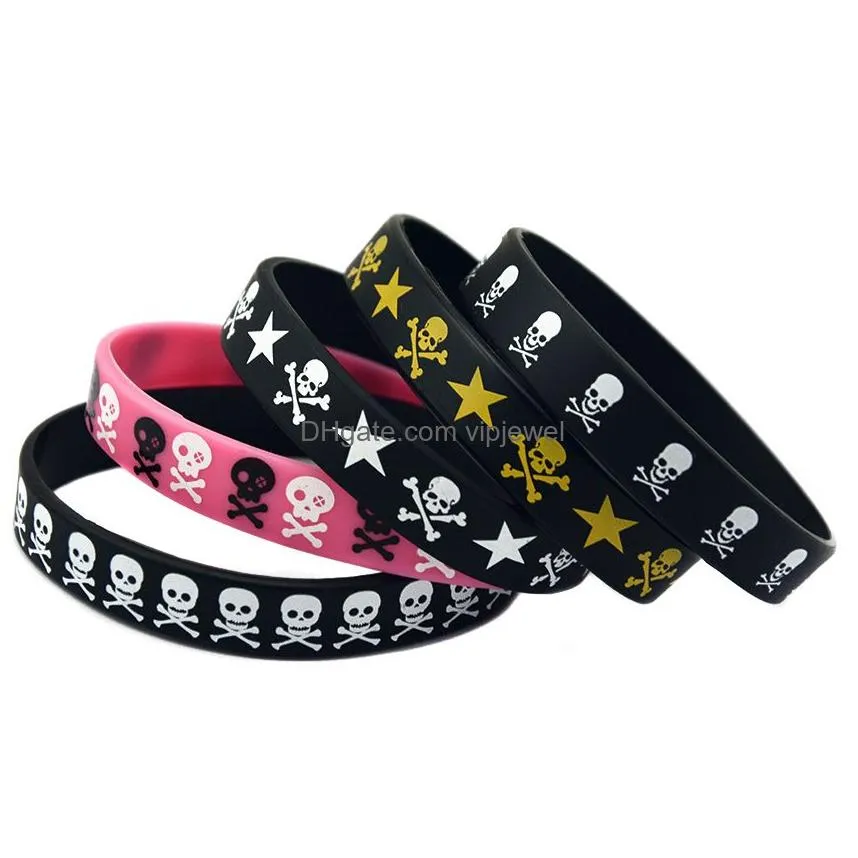 1pc skull and stars logo silicone rubber wristband punk style hip hop band printed adult size