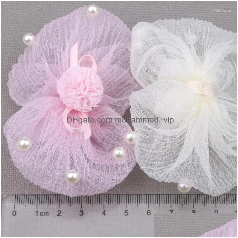 hair clips handmade chiffon fabric ribbon pearl bead bow stiker 2pcs jewelry diy tiaras buttons ornament garment decor 9.5 5.5cm