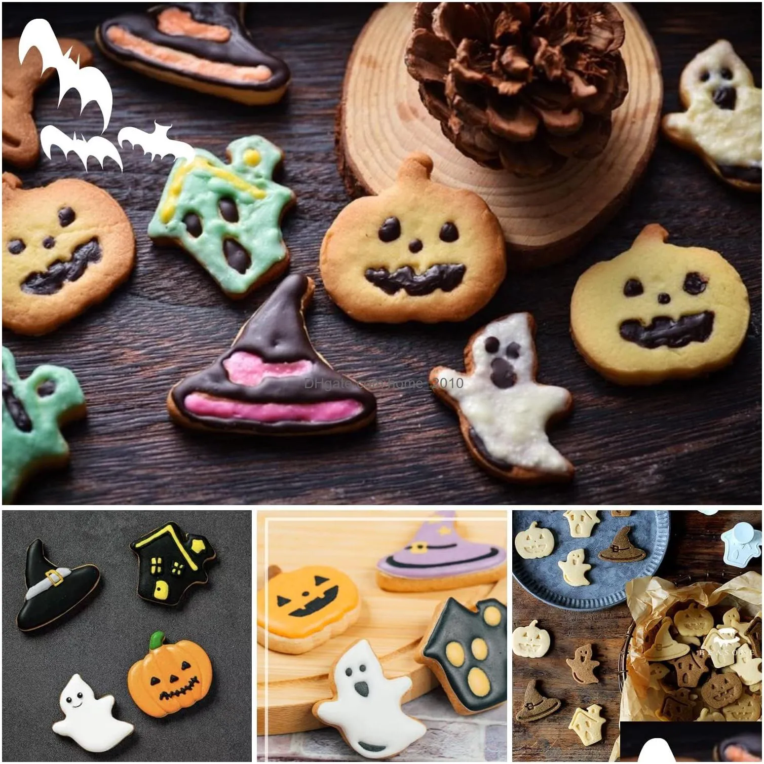 4pcs set halloween biscuit mold pumpkin ghost theme plastic cookie cutter plunger fondant chocolate mold cake decorating tools yfa1924