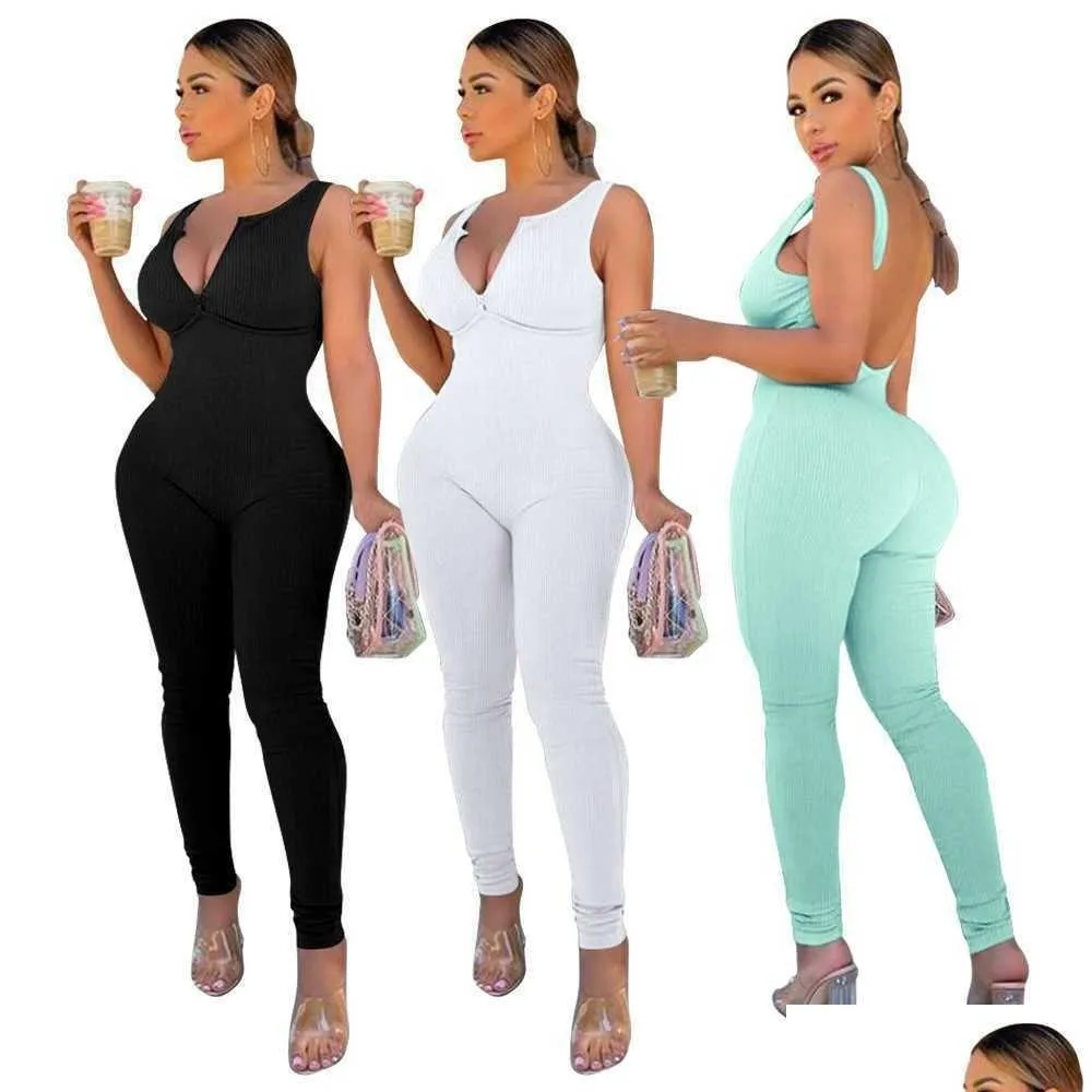 women 2023 fashion v-neck summer jumpsuits solid color backless one-piece sleeveless trousers rompers bodysuit