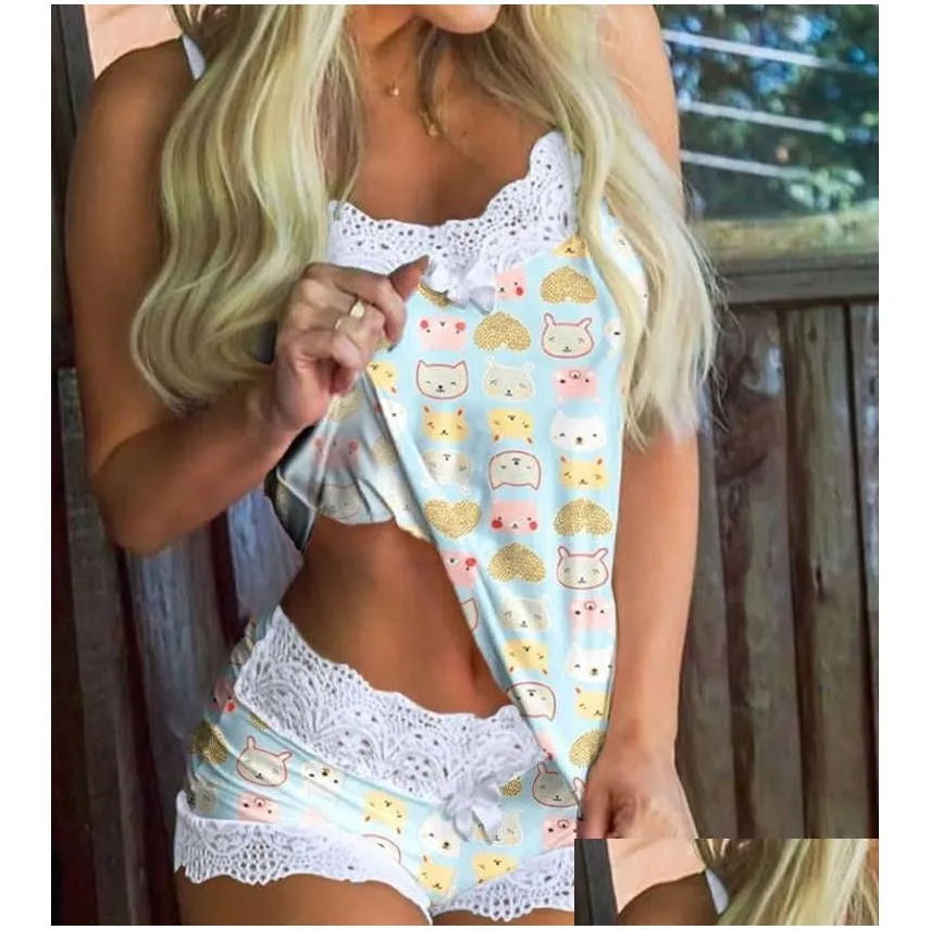 Women`s Sleep color Clothes Women`s Clothing 2023 Printed Pajama suit suspender Top shorts two piece home suit Size S - 5 xl