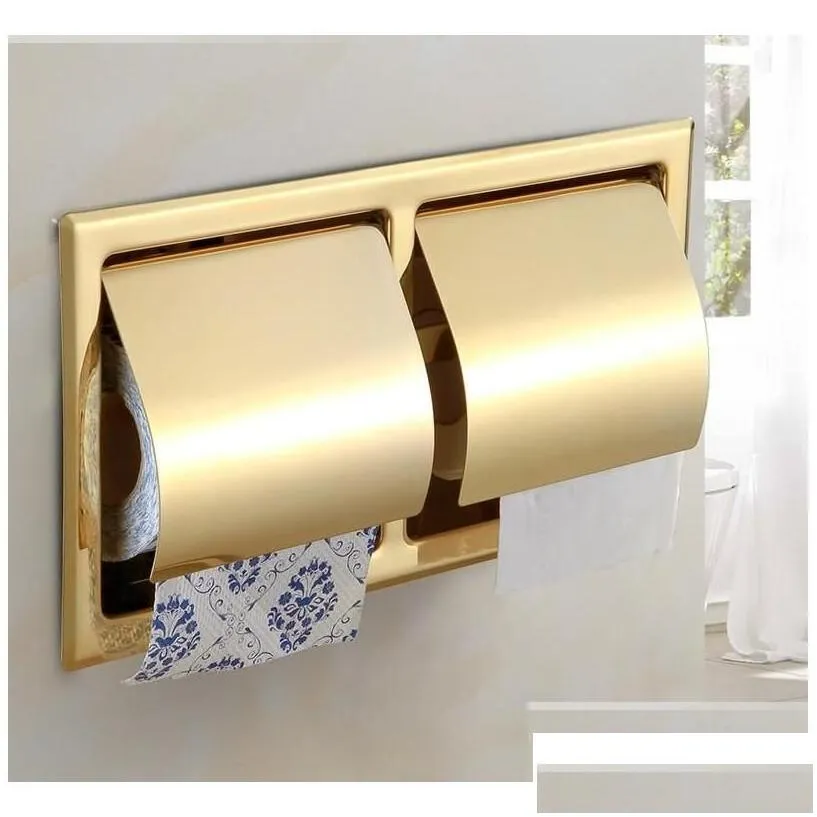 Toilet Paper Holders Single Wall Bathroom Roll Box Polished Gold Recessed Toileissue Holder All Metal Contruction 304 Stainless Drop D