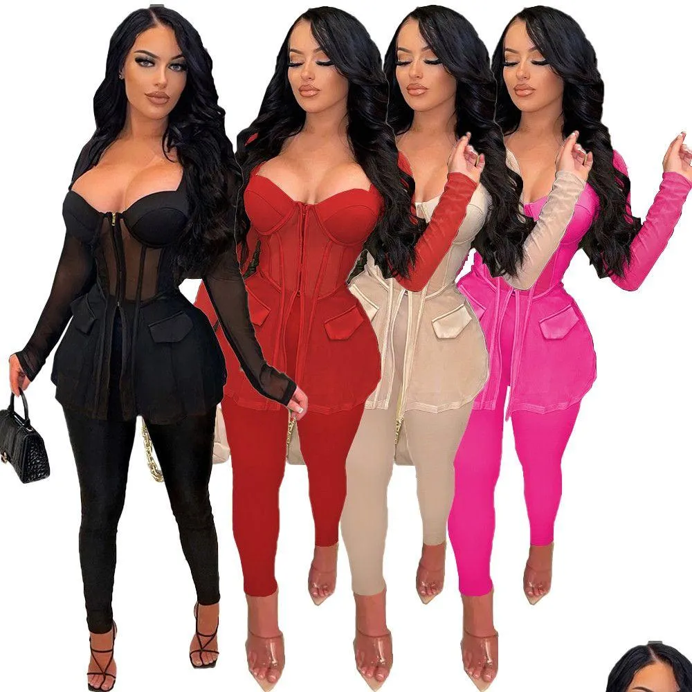 Wholesale Sexy Tracksuits Women Mesh Two Piece Sets Autumn Clothes Long Sleeve See Through Shirt Top and Pants 2pcs Mathing Set Night Club Party Wear