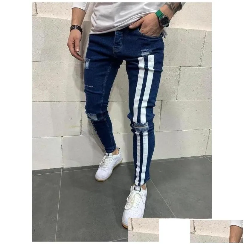 mens jeans mens trendy men skinny biker destroyed frayed fit denim ripped side stripe pencil hip hop streetwear drop delivery appar