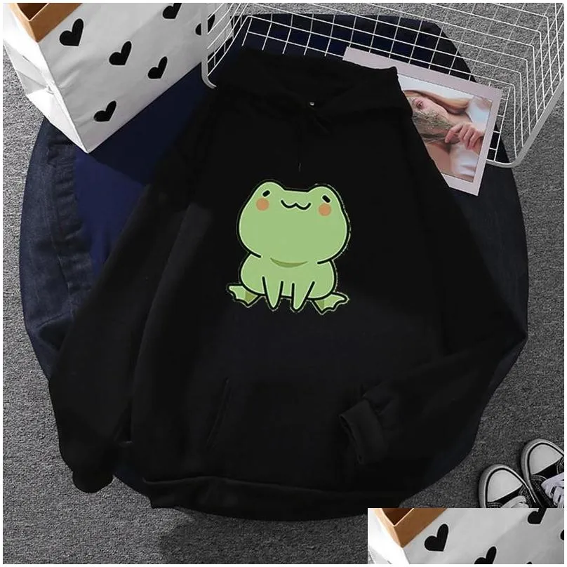 Women`s Hoodies Spring Cute Printing Frog Sweatshirt With Large Front Pocket Hoodie Autumn Causal Ladies Pullover Women
