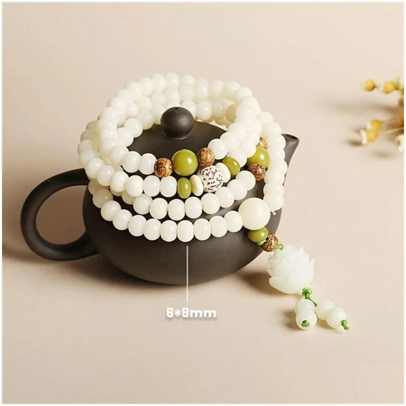Strand Necklace Female Hand Chain Lotus Pendant Bodhi Bracelet Beads Bracelets White Jade Chinese Style