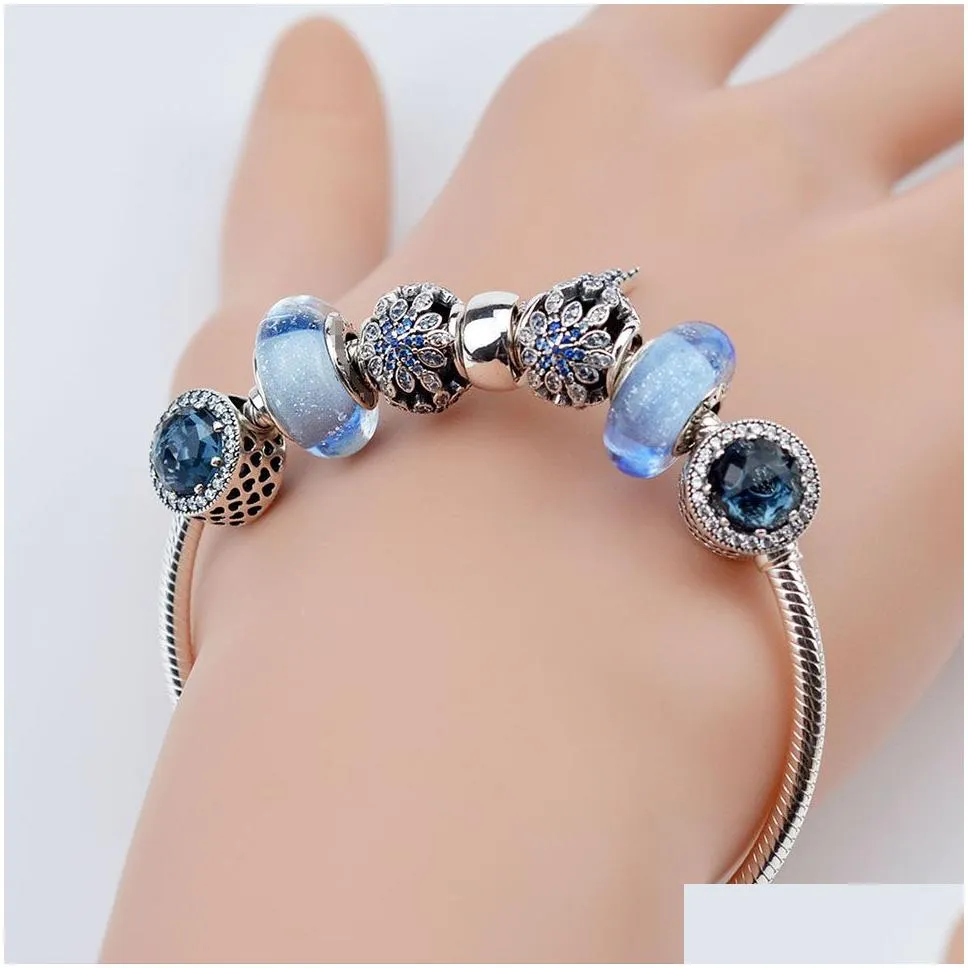 EDELL 100% 925 Sterling Silver Charm Beads Bracelets Blue Crystal Collocation Bracelet Suitable For Women DIY Bangles Send The