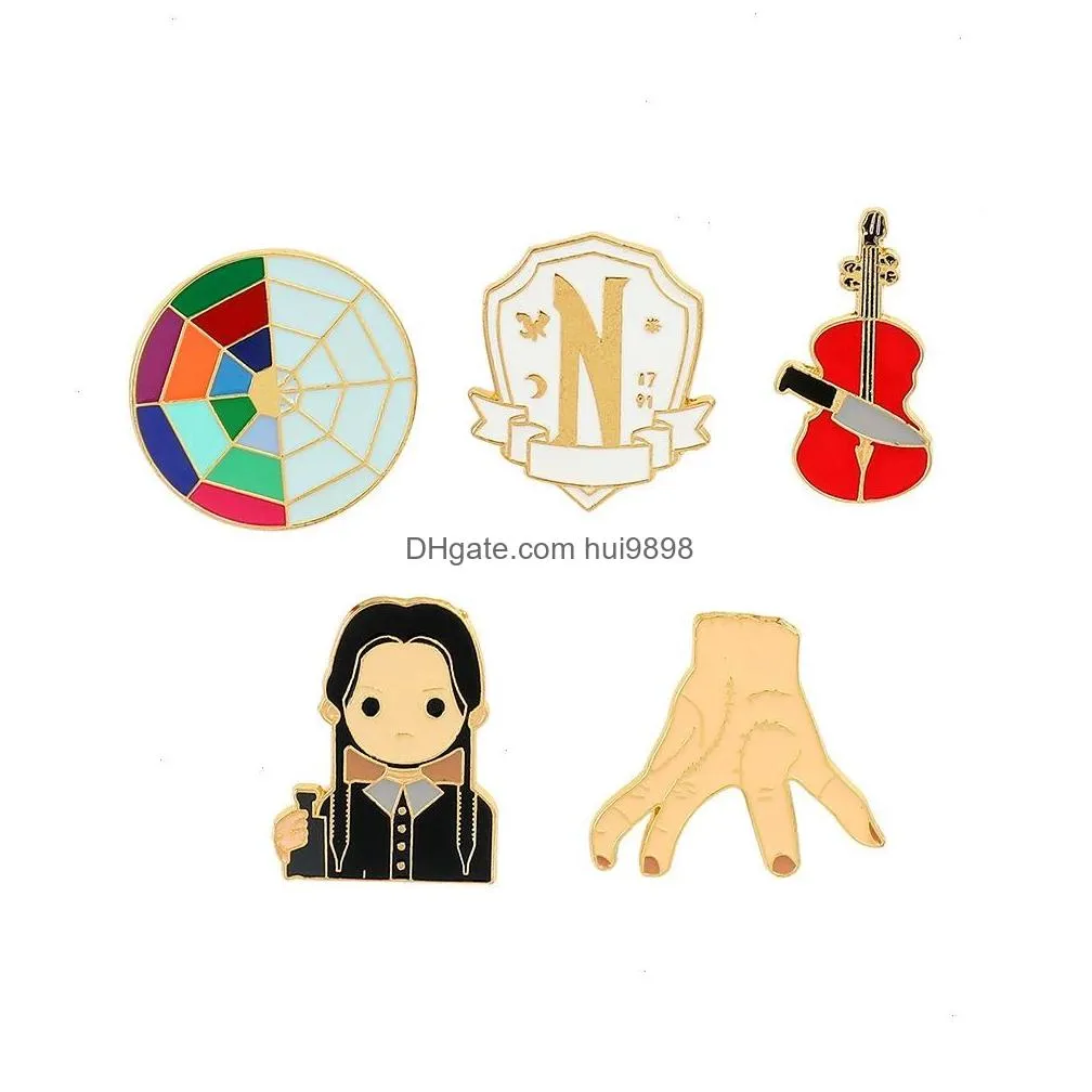 wednesday character violin adams family brooch cute anime movies games hard enamel pins collect metal cartoon brooch backpack hat bag collar lapel