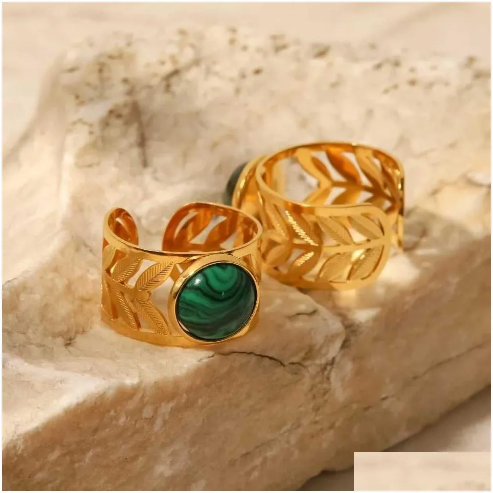 Band Rings Uworld Stainless Steel Natural African Turquoise Stone Wide Ring for Women France Stylish Charm Elegant Statement Jewelry