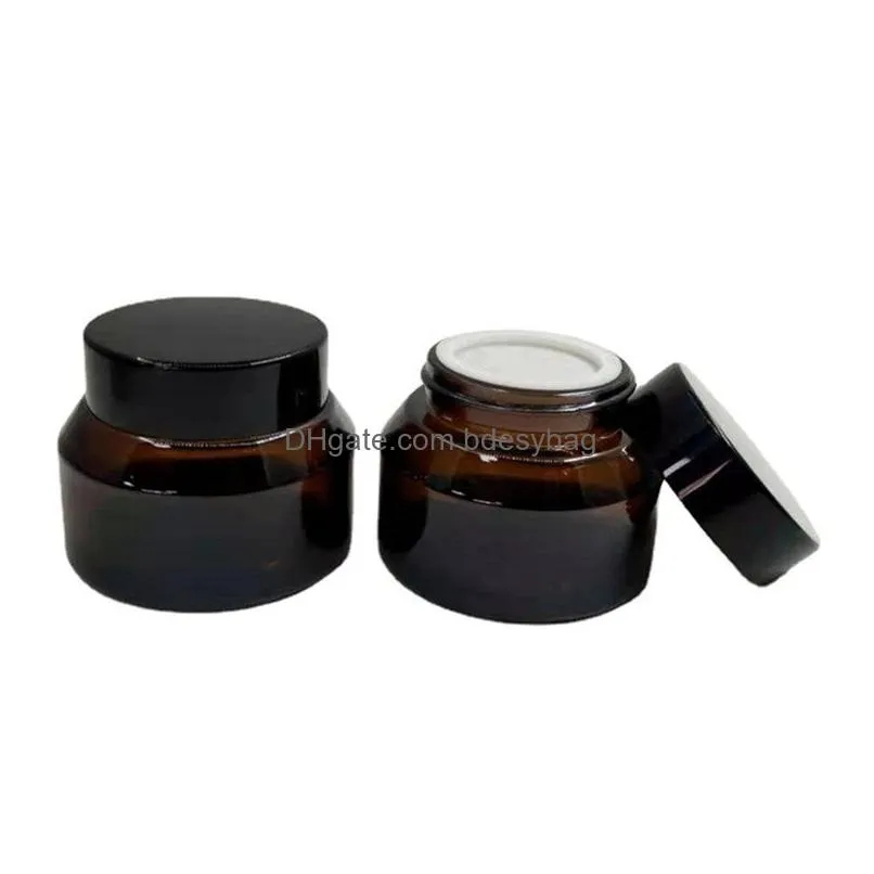 Cream Jar Wholesale Amber Glass Jars 15G 30G 50G Green Cosmetic Packing Bottle With White Inner Liners And Black Gold Lids Drop Delive Dhznv