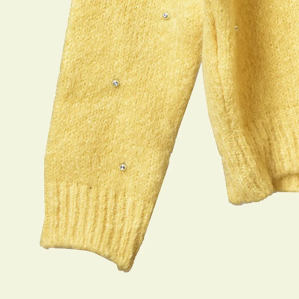 2019 Fall Winter Long Sleeve Round Neck Pure Color Yellow Mohair Knitted Beaded Pullover Sweater Women Fashion Sweaters D2616115