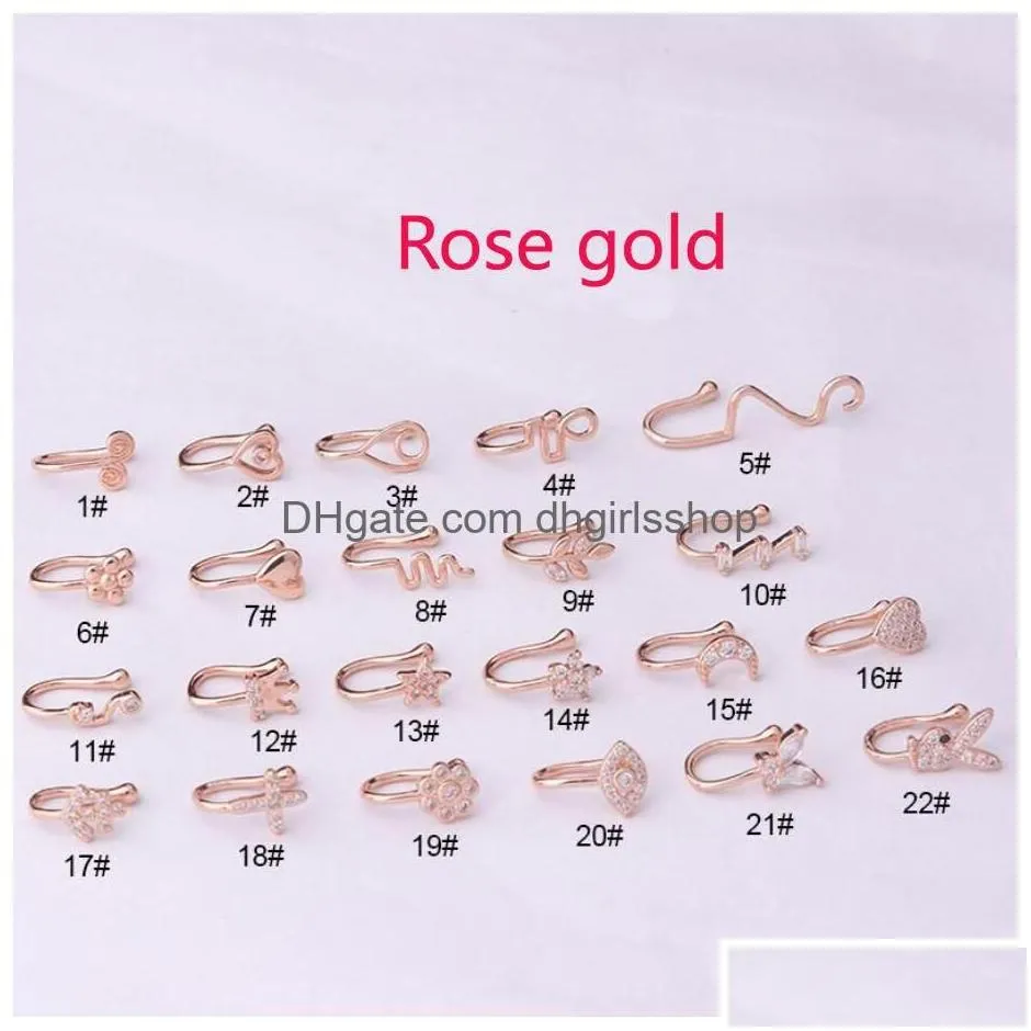 Nose Rings Studs Gold Fake Piercing Clip Ring Cuff Body Jewelry For Women New Trend Ear Cuffs Heart Cross Flowers 22 Styles Drop De