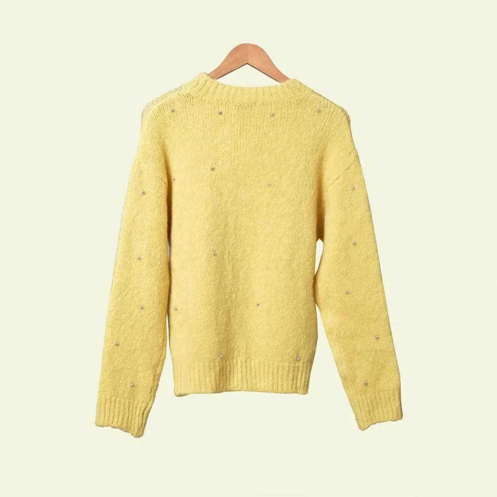 2019 Fall Winter Long Sleeve Round Neck Pure Color Yellow Mohair Knitted Beaded Pullover Sweater Women Fashion Sweaters D2616115