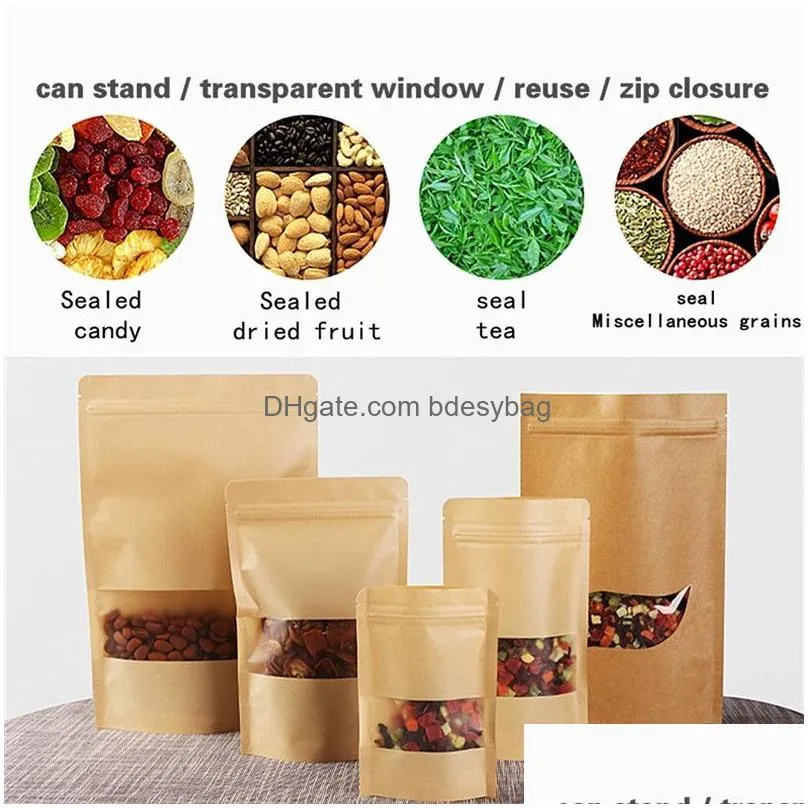 Packing Bags Wholesale Kraft Paper Bag Zipper Stand Up Food Pouches With Transparent Window Reusable For Coffee Tea Drop Delivery Offi Dhcap