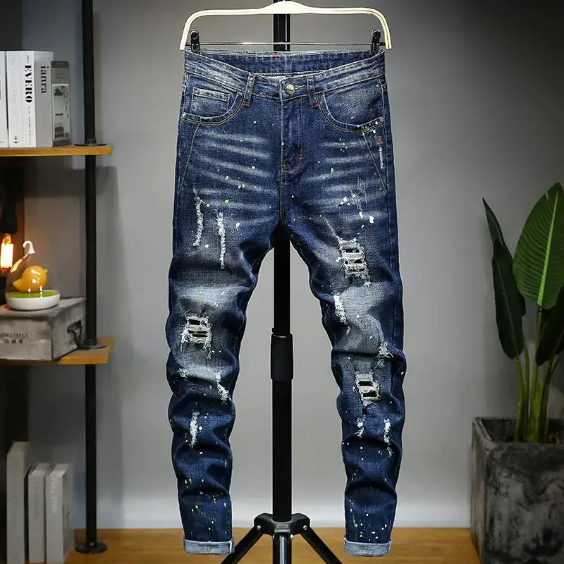 Men`s Jeans 2022 Fashion Casual Mens Straight Stretch Dot Craft Little Feet Skinny Jens Men Scratched Blue Hole Denim Tide Pants
