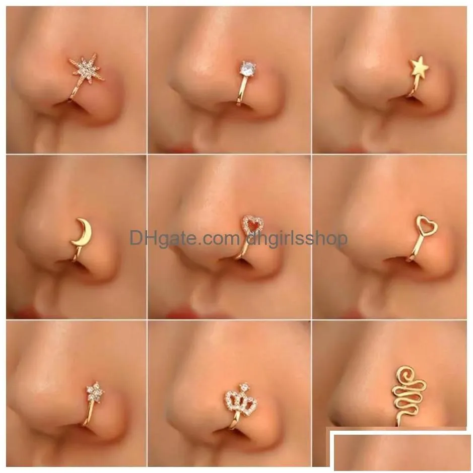 Nose Rings Studs Gold Fake Piercing Clip Ring Cuff Body Jewelry For Women New Trend Ear Cuffs Heart Cross Flowers 22 Styles Drop De