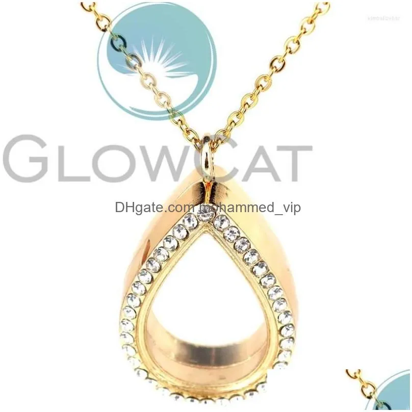 pendant necklaces water drop rhinestone glass necklace 50cm steel chain for 8mm beads pearl memory po locket k1222