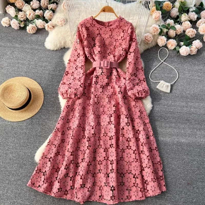 Casual Dresses Literary And Artistic Small  Dress For Women`s Spring Wear Niche Hollowed Out Sweet Hook Flower First Love