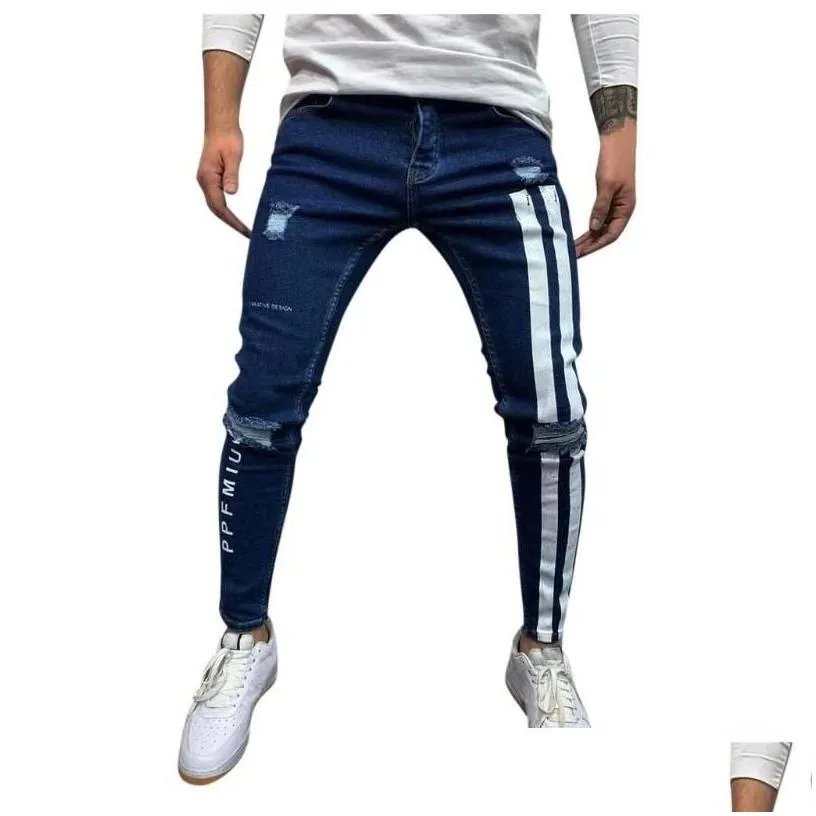 mens jeans mens trendy men skinny biker destroyed frayed fit denim ripped side stripe pencil hip hop streetwear drop delivery appar