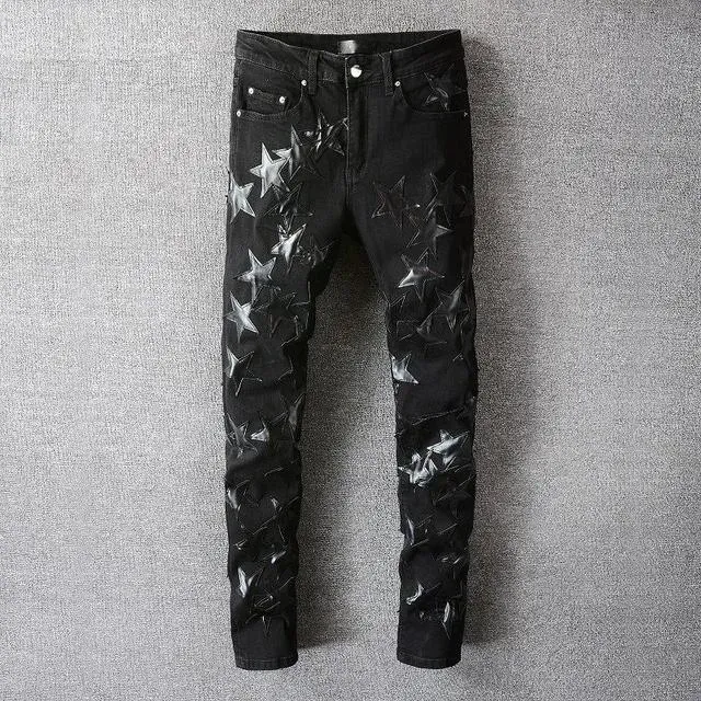 Men`s Jeans Blue Star Hole Stacked Stitching Feet Motorcycle Pant Patchwork Jean Men Korean High Street Fashion Graphic