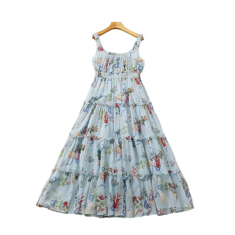 Summer Spaghetti Strap Scoop Neckline Dress Blue Floral Print Chiffon Panelled Mid-Calf Elegant Casual Dresses 22Q192316