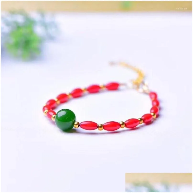 Strand Wholesale Light Red Natural Crystal Bracelets Rice Shape Bead Bracelet Lucky For Women Girl Single Lap Jewelry