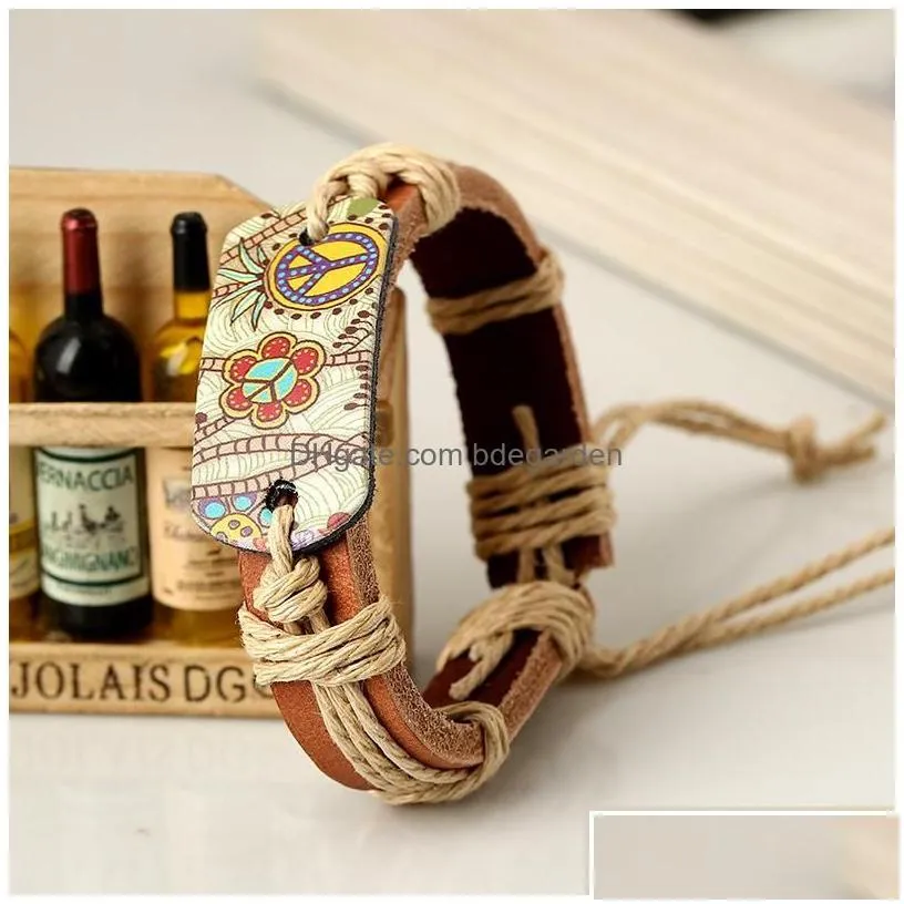 Charm Bracelets Rope Weave Braided Leather Bracelet Vintage Style Pyrograph Heat Transfer Printing Peace Sign Men Women Drop Delivery