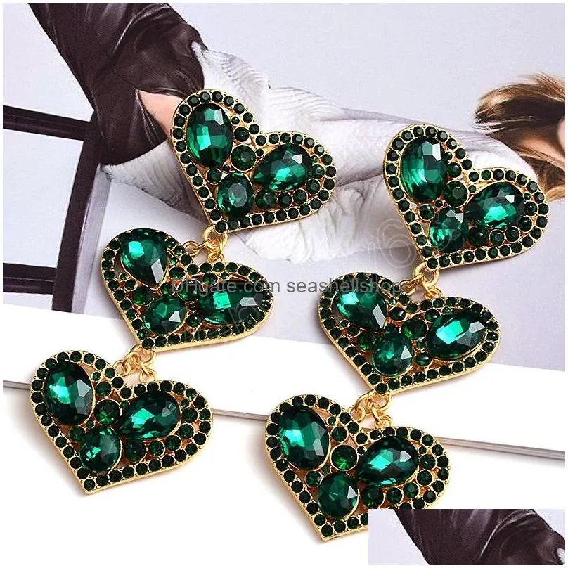 Statement Long Metal Heart Colorful Crystal Dangle Drop Earrings High-Quality Fashion Jewelry Accessories For Women