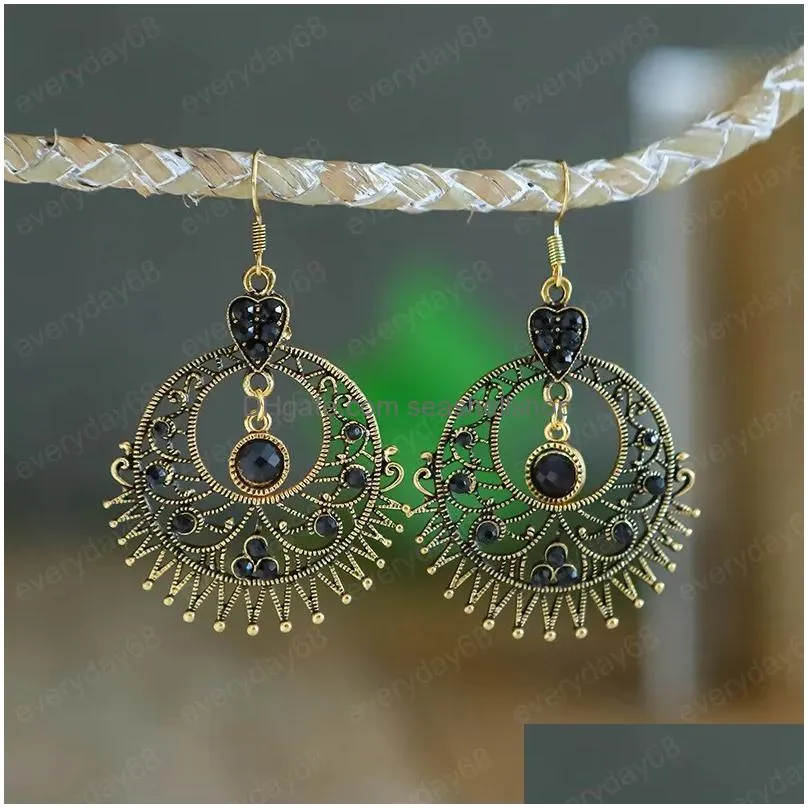 Women Large Round Hollow Alloy Earrings Female European And American Exaggerated Jewelry Retro Ethnic Rhinestone Dangle Earring