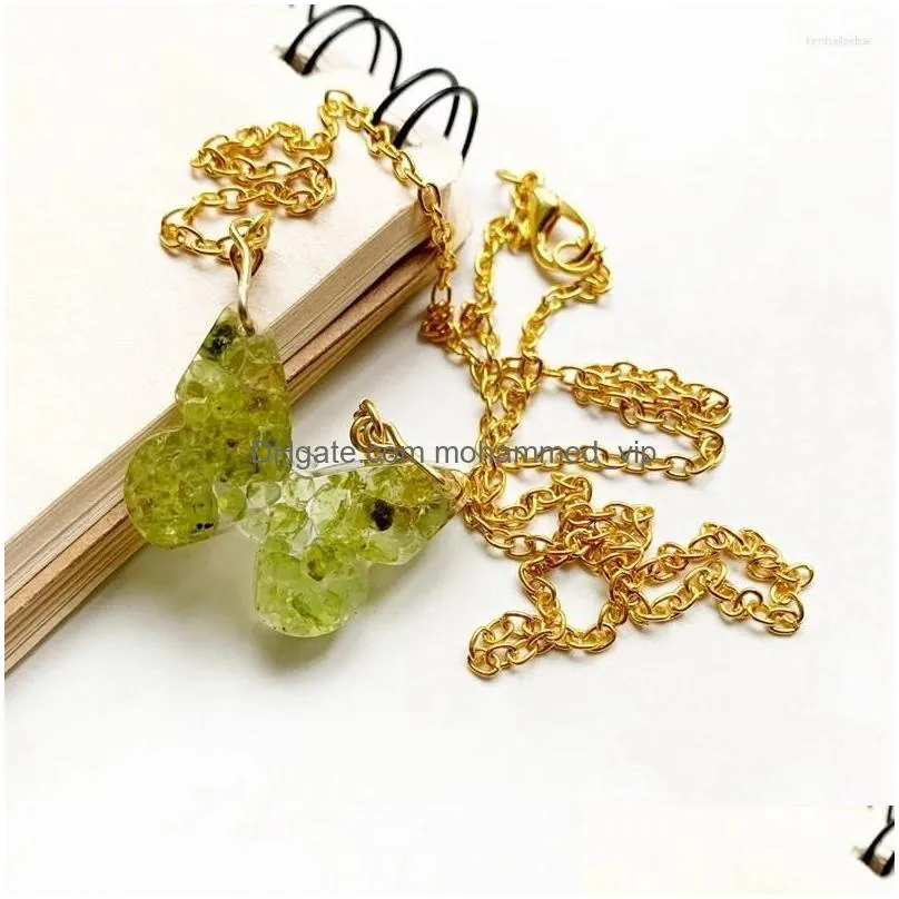 pendant necklaces natural olivine stone resin orgone energy necklace insect butterfly peridot crystal chips orgonite 1pc