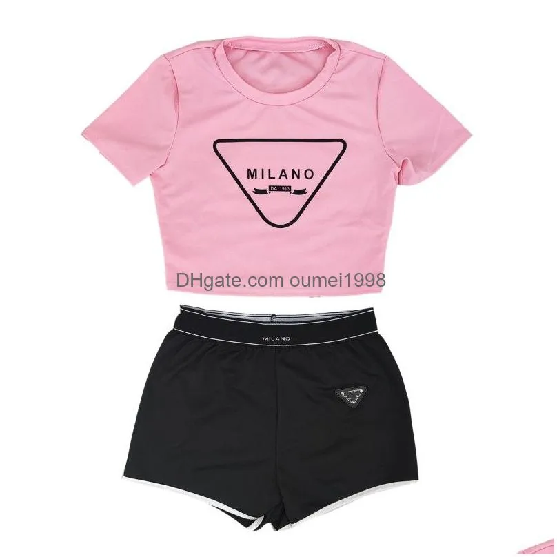 Women`S Tracksuits Women Designer Two Piece Set Letter Print Bare Navel Y Short Sleeve T-Shirt Shorts Casual Sports Suit Round Neck O Dhsuf