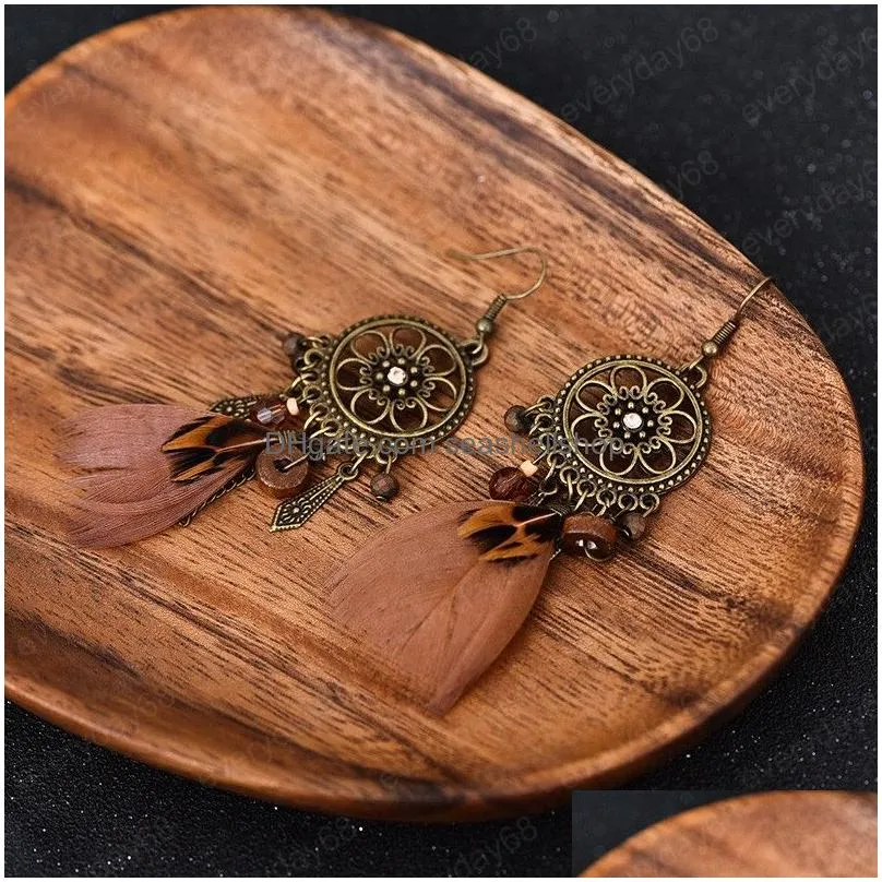 Vintage Women`s Wood Bead Long Feather Earrings Indian Jewelry Bohemia Bronze Flower Carved Hollow Round Dangle Hanging Earrings