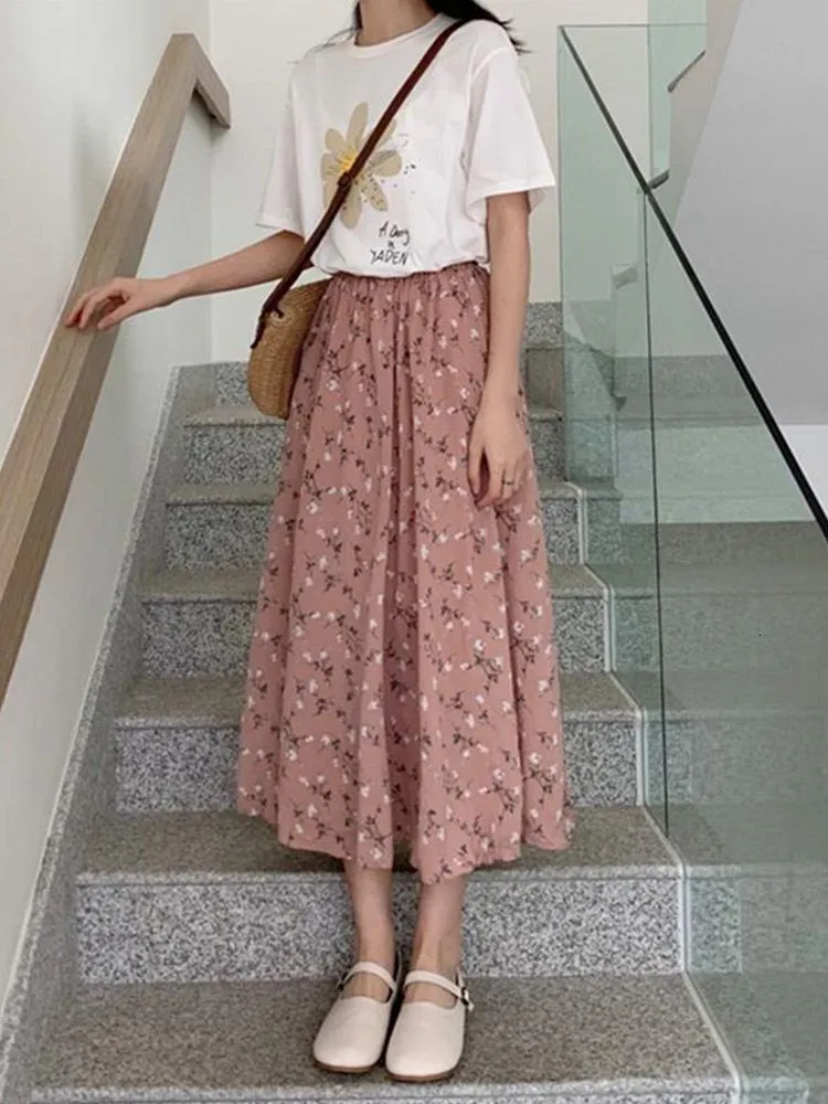 Skirts Vintage Floral Print Aline Pleated Long Summer Women Korean Streetwear Drawstring Elastic Waist Midi 230424