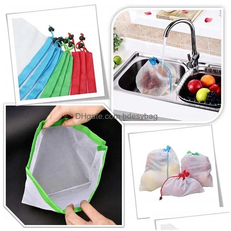 Storage Bags 12Pcs Reusable Mesh Produce Double Stitched Dstring Bag For Grocery Shop Fruit Vegetable Drop Delivery Home Garden Housek Dh5Ru