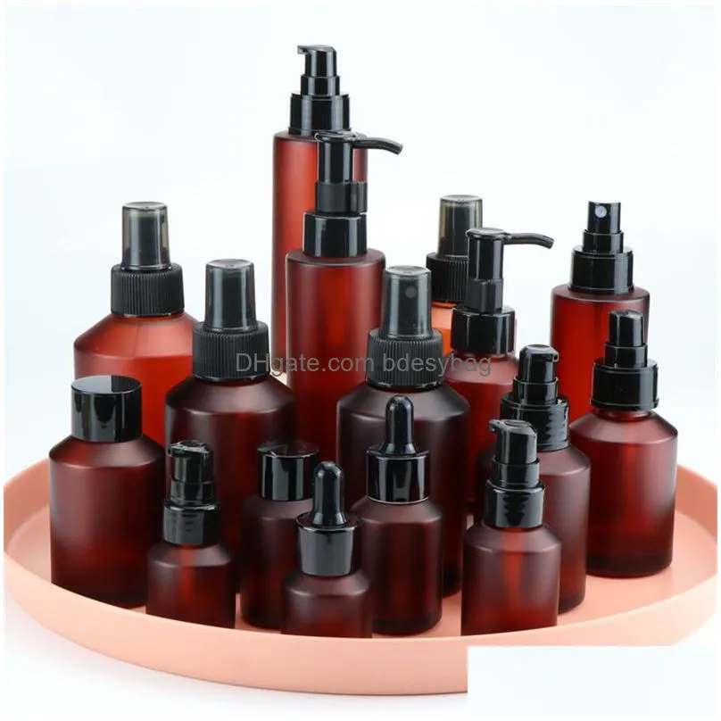 Packing Bottles Wholesale 15Ml 30Ml 60Ml 100Ml Amber Glass Bottle Protable Lotion Spray Pump Container Empty Refillable Travel Cosmeti Dhbui