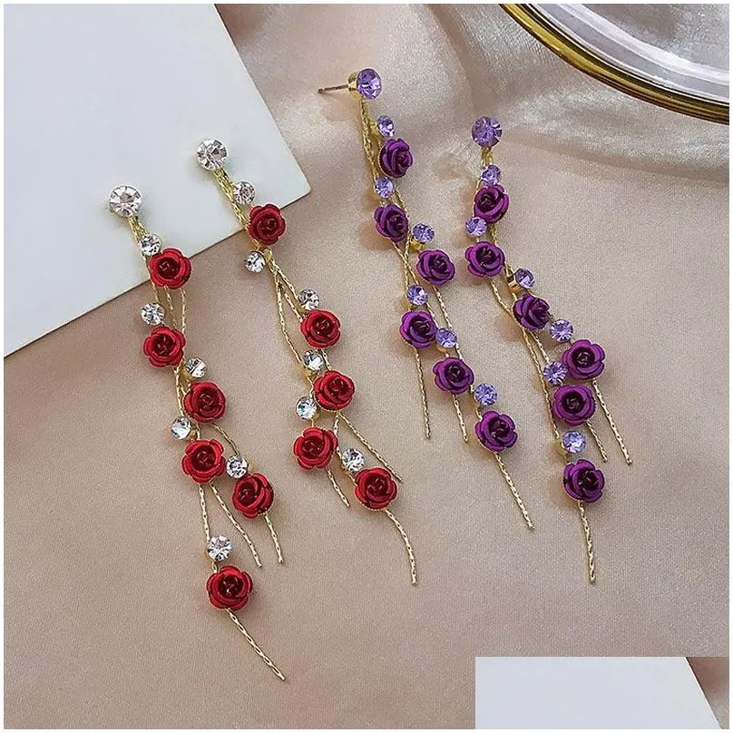 Fashion Rose Petal Drop Earrings for Women Red White Long Tassel Dangle Hanging Earrings Weddings Party Jewelry Accessories Gift